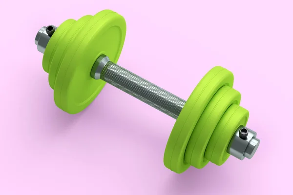 Metal Dumbbell Green Disks Isolated Pink Background Rendering Sport Equipment — Stock Photo, Image