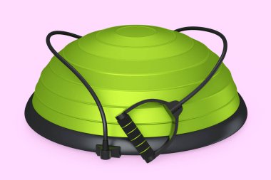Genişletici ile yeşil fitness topu izole edilmiş pembe arka plan. Spor malzemelerinin fitness, yoga ve aktif egzersiz için 3D yorumlanması