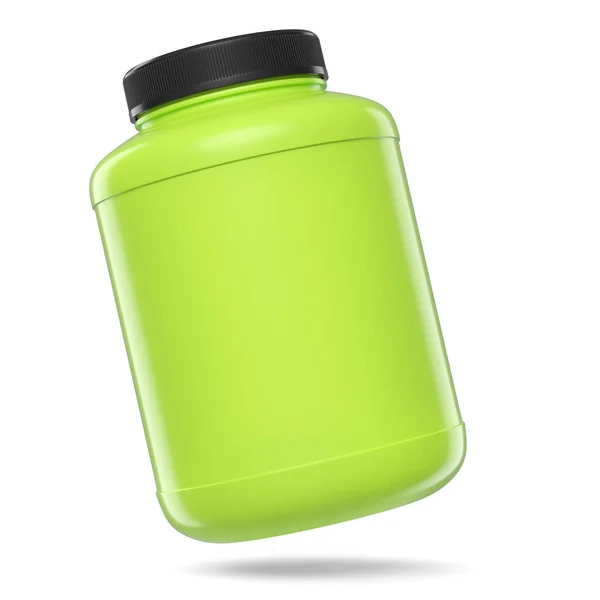 Green Plastic Jar Sport Nutrition Whey Protein Gainer Powder Isolated — Stock Photo, Image