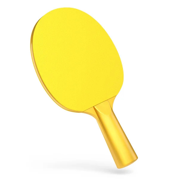 白い背景に隔離された卓球のための黄色のピンポンラケット アクティブトレーニングのためのスポーツ用具の3Dレンダリング — ストック写真
