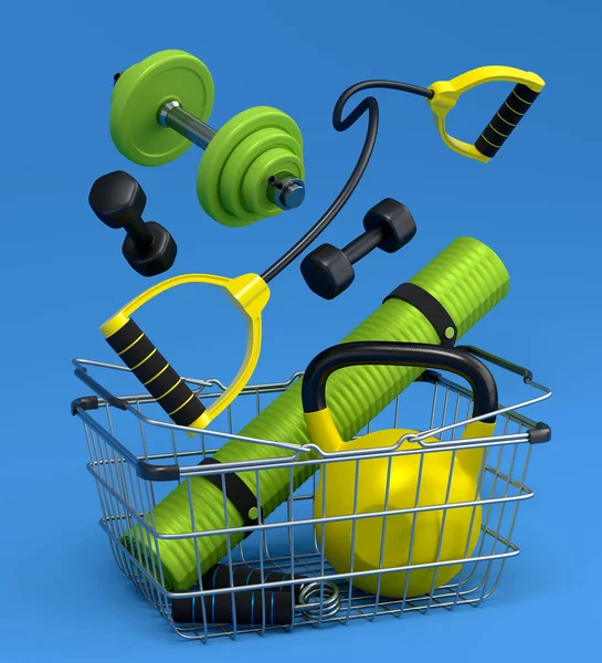 Sport equipment for fitness, gym, crossfit in shopping basket on blue background. 3d render of power lifting and fitness concept