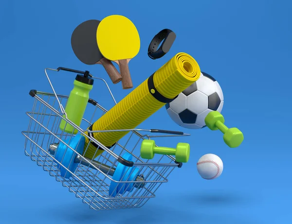 フィットネス 青の背景にショッピングバスケットのクロスフィットのためのスポーツ機器 パワーリフティングとフィットネスコンセプトの3Dレンダリング — ストック写真