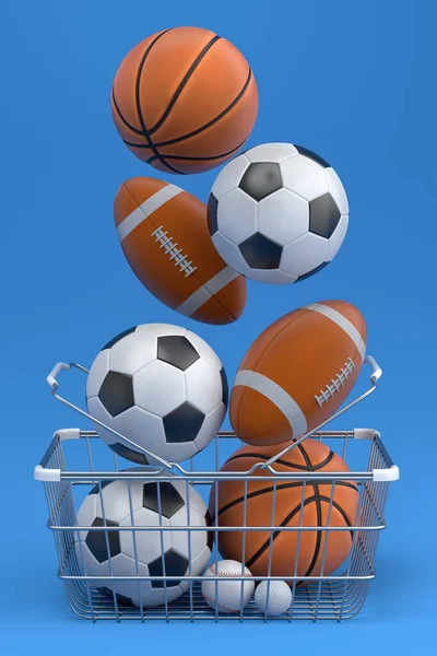 Set of ball like basketball, american football and golf in shopping basket on blue background. 3d rendering of sport accessories for team playing games