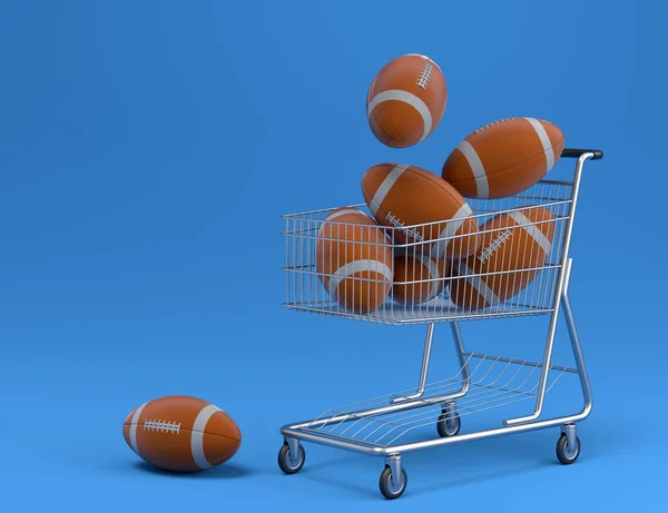 Set of ball like basketball, american football and golf in shopping cart on blue background. 3d rendering of sport accessories for team playing games