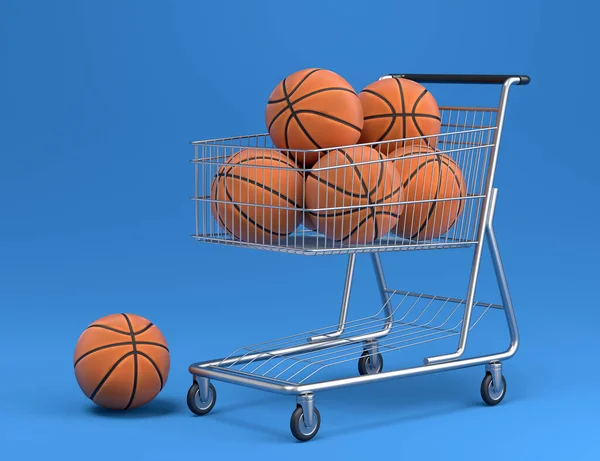Set of ball like basketball, american football and golf in shopping cart on blue background. 3d rendering of sport accessories for team playing games