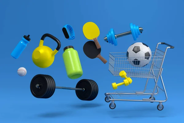 フィットネス 青の背景にショッピングカートのクロスフィットのためのスポーツ機器 パワーリフティングとフィットネスコンセプトの3Dレンダリング — ストック写真