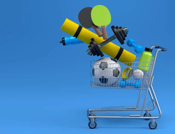 フィットネス 青の背景にショッピングカートのクロスフィットのためのスポーツ機器 パワーリフティングとフィットネスコンセプトの3Dレンダリング — ストック写真