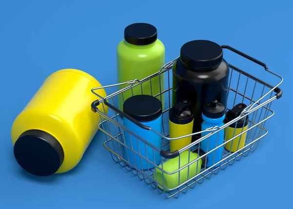 Spor Malzemesi Gibi Spor Malzemeleri Mavi Arka Plandaki Alışveriş Sepetinde — Stok fotoğraf