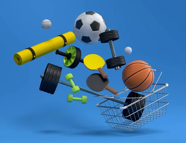 运动器材用于健身 蓝底购物篮的交叉装束 3D渲染动力升降概念 — 图库照片