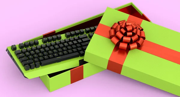 装有键盘 缎带和弓箭的礼品盒 与粉色背景隔离 三维渲染问候设计的概念生日 圣诞节 黑色星期五 — 图库照片