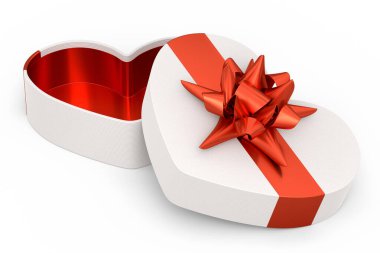 Kalp şeklinde kurdele ve yay şeklinde beyaz arka planda izole edilmiş hediye kutuları. 3D karşılama tasarımı konsepti: Doğum günü, Noel, Kara Cuma, Yeni Yıl