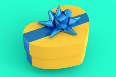 Yeşil arka planda izole edilmiş kurdele ve yay şeklinde kalp hediye kutuları. 3D karşılama tasarımı konsepti: Doğum günü, Noel, Kara Cuma, Yeni Yıl