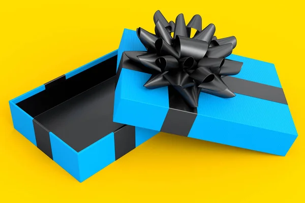 礼品盒上有黄色背景的彩带和蝴蝶结 三维渲染问候设计的概念生日 圣诞节 黑色星期五 — 图库照片