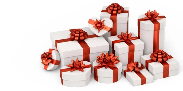 Подарочные Коробки Лентой Луком Изолированы Белом Фоне День Рождения Рождество — стоковое фото