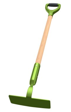 Beyaz arka planda çiçek ve sebze dikmek için tahta sopalı çapa. Organik çiftliğin 3D canlandırma kavramı