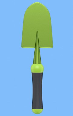 Mavi arka planda izole edilmiş tahta saplı kürek ya da mala. Çiftlik ve yaz kampı için 3D bahçe aletleri ve ekipman.