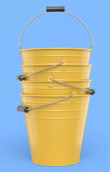 Set Metal Garden Buckets Isolated Blue Background Render Care Hydration — Fotografia de Stock