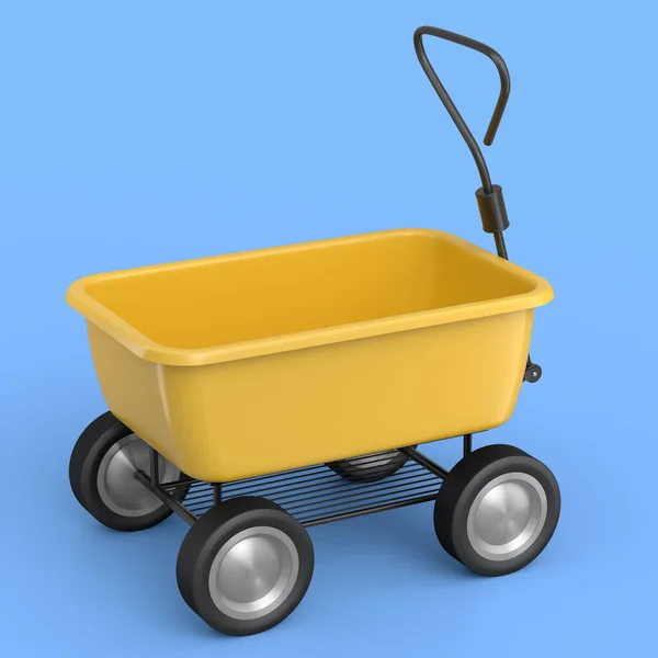 蓝色背景的花园独轮车 带轮子的手推车或手推车 3D渲染农场园艺工具 用于运送货物 — 图库照片