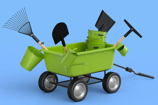 Garden wheelbarrow with garden tools like shovel, watering can and fork on blue background. Handcart or cart with wheel. 3d render of farm gardening tool for carriage of cargoes.