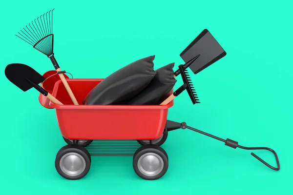 Garden wheelbarrow with garden tools like shovel, watering can and fork on green background. Handcart or cart with wheel. 3d render of farm gardening tool for carriage of cargoes.