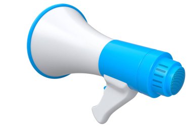 Beyaz arka planda megafon izole edilmiş. 3D alışveriş ve reklam fikri, işe alım kavramı