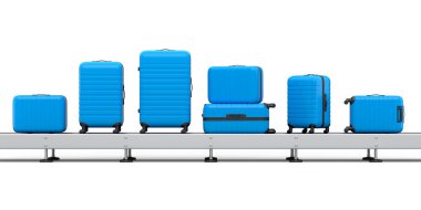 Havaalanı bagaj taşıma bandı, üretim hattı ya da bavulları beyaz arka planda olan bagaj teslim alanı. Seyahat tatil konseptinin 3D sunucusu.