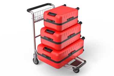 Beyaz arka planda bagaj taşımak için otel vagonunda normal polikarbonat bavulu. 3D seyahat konsepti. Tatil ve bagaj taşımacılığı.