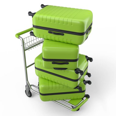 Beyaz arka planda bagaj taşımak için otel vagonunda normal polikarbonat bavulu. 3D seyahat konsepti. Tatil ve bagaj taşımacılığı.