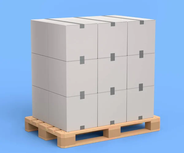 一套木制托盘 用于储存蓝色底座纸板箱的仓库货物 货物装卸和运输 仓储服务设备托盘的三维渲染 — 图库照片