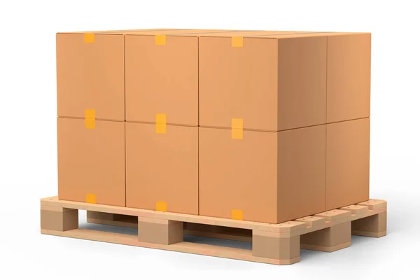 Set of wooden pallet for warehouse cargo storage with cardboard boxes on white background. 3d render of tray for cargo loading and transportation, freight delivery, warehousing service equipment