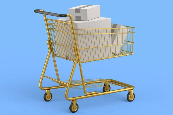 青い背景に食料品のショッピングカートやトロリー 3Dレンダリングの概念の販売 ショッピングや倉庫への配信 小包やオンラインショッピングを運ぶ — ストック写真