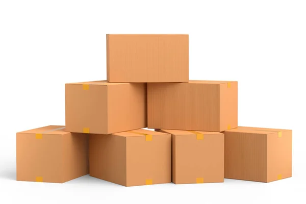 白い背景に隔離された段ボール箱またはカートンギフトボックスのセット 倉庫へのエクスプレス配送 小包とオンラインショッピングの3Dレンダリングコンセプト — ストック写真