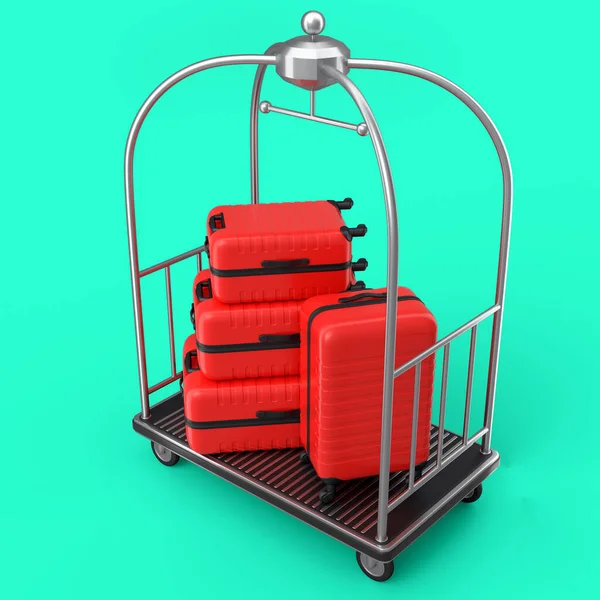 Regelmäßiger Polycarbonat Koffer Auf Hotelwagen Für Die Gepäckbeförderung Auf Grünem — Stockfoto