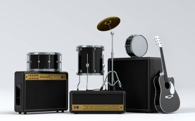 Elektrikli akustik gitarlar, amplifikatörler ve beyaz arka planda metal zilleri olan davullar. 3D müzik perküsyon enstrümanı, bateri makinesi ve heavy metal gitarlı bateri seti