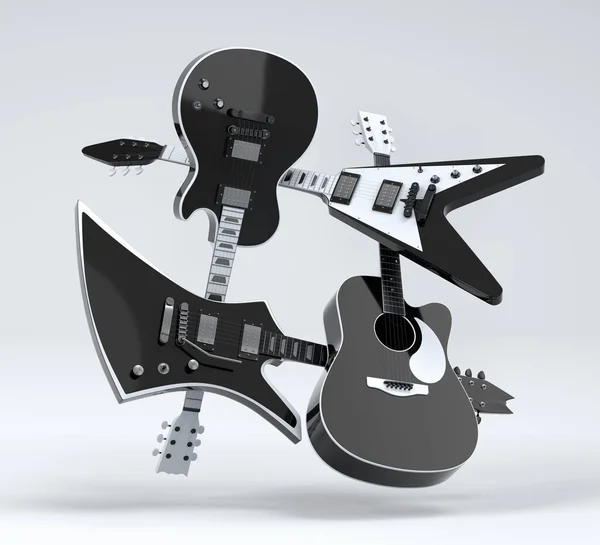 Conjunto Guitarras Acústicas Elétricas Isoladas Fundo Branco Renderização Conceito Para — Fotografia de Stock