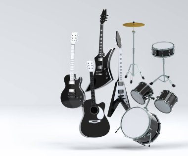 Elektrikli akustik gitarlar ve beyaz arka planda metal zilleri olan davullar. Rock festivali posteri için üç boyutlu müzik enstrümanı, davul makinesi ve bateri prodüksiyonu.