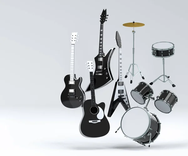Conjunto Guitarras Acústicas Eléctricas Tambores Con Platillos Metal Sobre Fondo — Foto de Stock