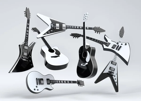 白を基調としたエレキアコースティックギターのセット 音楽ショップのための重い金属ギターとロックフェスティバルポスターのための概念の3Dレンダリング — ストック写真