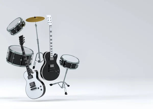 Set of electric acoustic guitars and drums with metal cymbals on white background. 3d render of musical percussion instrument, drum machine and drumset with heavy metal guitar for rock festival poster