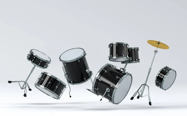 Zestaw Bębnów Metalowymi Talerzami Białym Tle Renderowanie Instrumentu Perkusyjnego Automat — Zdjęcie stockowe