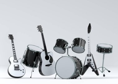 Elektrikli akustik gitarlar ve beyaz arka planda metal zilleri olan davullar. Rock festivali posteri için üç boyutlu müzik enstrümanı, davul makinesi ve bateri prodüksiyonu.