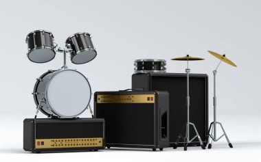 Elektrikli akustik gitarlar, amplifikatörler ve beyaz arka planda metal zilleri olan davullar. 3D müzik perküsyon enstrümanı, bateri makinesi ve heavy metal gitarlı bateri seti