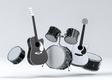 Elektrikli akustik gitarlar ve beyaz arka planda metal zilleri olan davullar. Rock festivali posteri için üç boyutlu müzik enstrümanı, davul makinesi ve bateri prodüksiyonu.