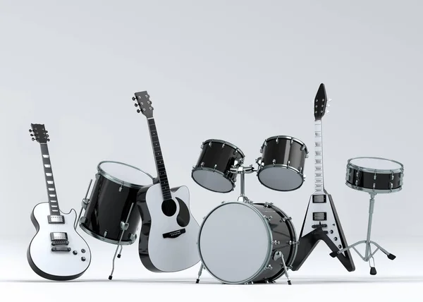 Sada Elektrických Akustických Kytar Bubnů Kovovými Činely Bílém Pozadí Provedení — Stock fotografie