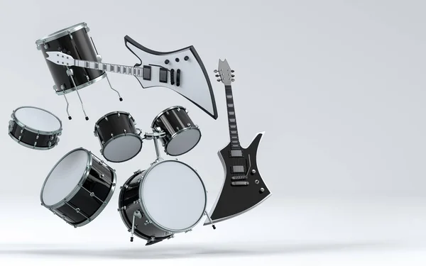 Conjunto Guitarras Acústicas Elétricas Tambores Com Pratos Metálicos Sobre Fundo — Fotografia de Stock