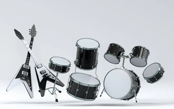 Set Electric Acoustic Guitars Drums Metal Cymbals White Background Render — Stock Photo, Image
