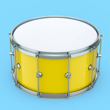 Mavi arka planda gerçekçi davul. 3D render müzik aleti, davul makinesi konsepti.