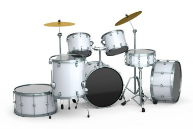 Beyaz arka planda metal zilleri olan gerçekçi davullar. 3D render müzik perküsyon enstrümanı, davul makinesi ve bateri seti