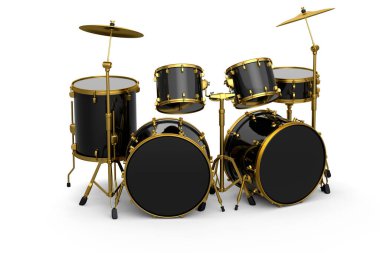 Beyaz arka planda metal zilleri olan gerçekçi davullar. 3D render müzik perküsyon enstrümanı, davul makinesi ve bateri seti