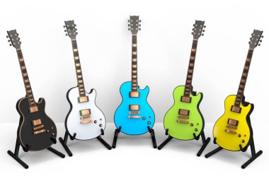 Beyaz arka planda izole edilmiş elektro akustik gitar seti. Müzik dükkanı için heavy metal gitarlı 3D rock festivali posteri.